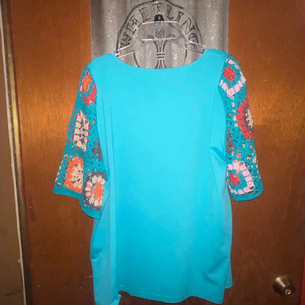 Turquoise crochet sleeve top